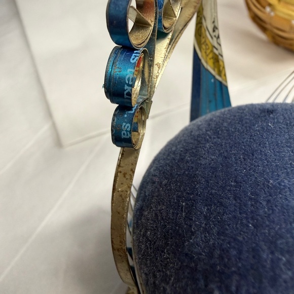 Vintage 1970 Recycled MINI Tin Can Art Blue Velvet Pin Cushion Rocking Chair - Picture 12 of 14